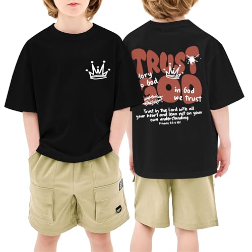 Deyaidy Christian Faith Shirts for Boys Jesus Bible Verse Trust God Shirt Kids Graphic Tees Religious Inspirational Tshirts(Black 11-12Years)