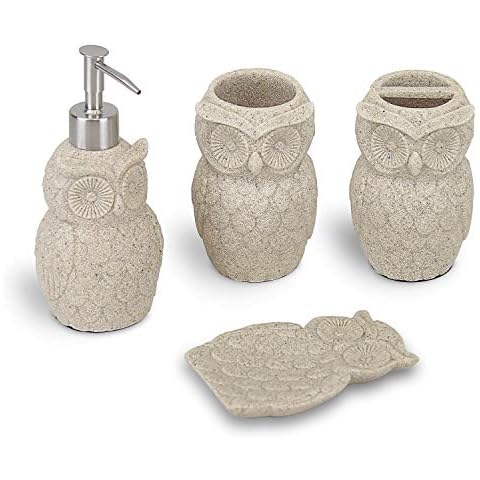 Evelyne GMT-10226 Owl Resin Sandstone Bathroom Amenity Accessory Set Included Dispenser, Soap Tray, Toothbrush Holder and Tumbler (Beige) Cover