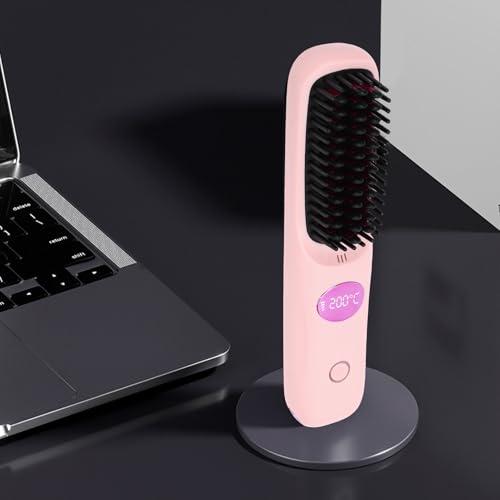 Plancha de pelo inalámbrica con peine, calentamiento rápido, recargable por USB, con pantalla LCD y distribución uniforme del calor, para viaje y uso diario (rosa) miniatura 5