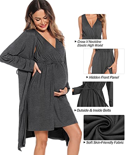 Image of SWOMOG Women Maternity Nursing Gown and Robe Set 3 in 1 Labor Delivery Nursing Nightgown for Breastfeeding Hospital Bathrobe