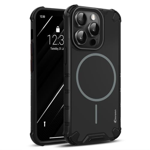 Image of KARWAN Tough Shockproof Back Case Cover Compatible with iPhone 14 Pro Max Dual Layer Armor Protection with Matt Finish Edge Guard Bumper Heavy Duty Cover with Magnetic MagEase Wireless Charging(Black)