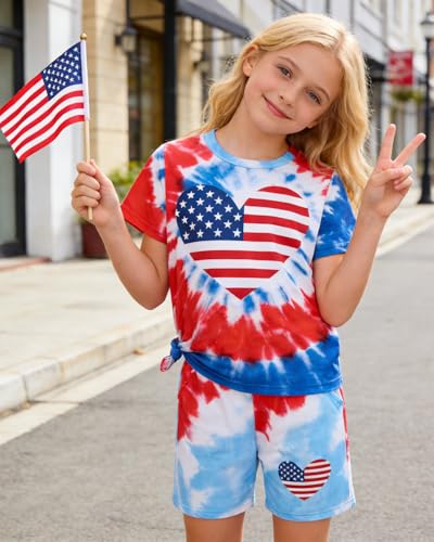 Image of 7-14Y Tween Girl Clothes 2 Piece Short Sleeve Tie Dye Heart Print Top and Shorts Teen Girl Summer Outfits Short Set