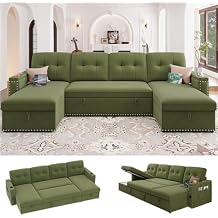 HIFIT 106" Sectional Couches for Living Room- Pull Out Sleeper Sofa Couch w/Storage Chaise,Storage Armrest,LED Light&USB Port&Cupholder,Modern Velvet U Shaped Home Sofa Living Room Furniture Set,Green