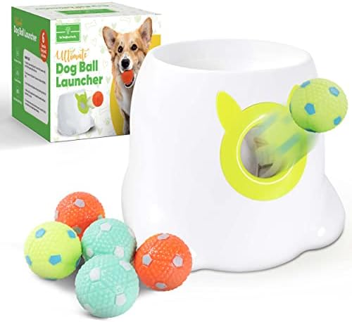 THE THOUGHTS OF FUN CO. Automatic Dog Ball Launcher - Dog Fetch Machine for Small to Medium Sized Dogs, Great Exercise for Dogs with 6 Latex Balls, Dual Power Supply, Ball Thrower for Dogs