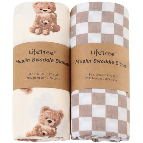 Image of LifeTree Muslin Swaddle Blankets Neutral, Baby Swaddling Wrap Nursery Blanket for Boys & Girls Unisex, Soft 70% Viscose from Bamboo and 30% Cotton, Large 47 x 47 inches, Bear & Checkered Coffee