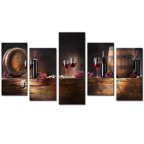 Paper Plane Design Vintage Wine Barrels Bottles Split Wall Art Wooden Framed Painting - 5 Panels (22 x 40 inch)