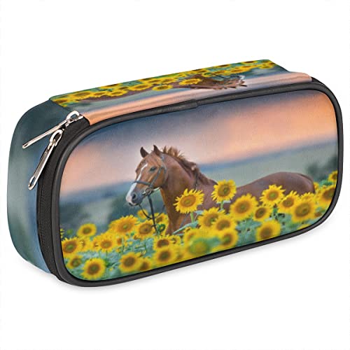 Image of Pardick Horse Sunflower Big Capacity Pencil Pen Case Horse Flower Large Pencil Pouch with Zipper Compartments Pencil Bag for Boys Girls Adults Student Office School Supplies