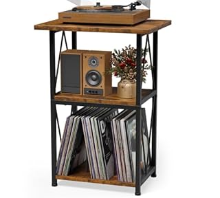 Upgraded Expanded Surface Record Player Stand, 3 Tier End Table with Vinyl Record Storage, 50x40cm Record Player Table, Turntable Stand for Vinyl Player, Vintage Side Table for Storage Living Room