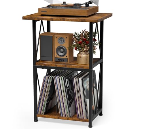 HFHOME Soporte ampliado para tocadiscos, mesa auxiliar de 3 niveles con soporte para discos de vinilo, mesa de tocadiscos de 50 x 40 cm con almacenamiento, soporte giratorio para reproductor de vinilo