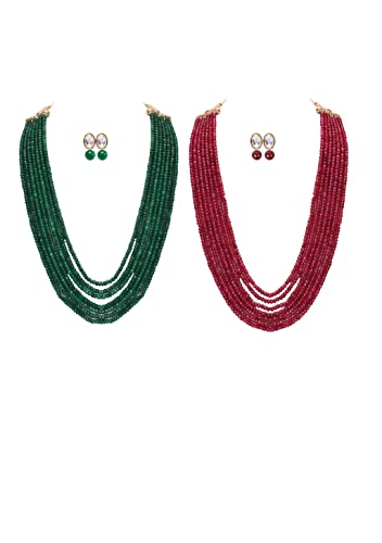 PANAASHE-RAJASTHANI 7 Layer Green & Ruby Necklace with Kundan Studd Earring Set (Combo set 9N9)