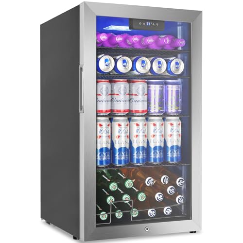 Beverage Refrigerator Cooler, 128 Cans Mini Fridge Glass Door for Drink Beer Soda Wine, 3.2 Cu.Ft Small Fridge for Kitchen Bedroom Office Bar, with 4 Adjustable Removable Shelves, Stainless Steel
