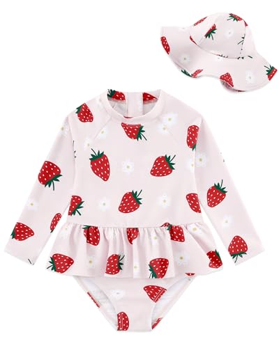 Image of Redair Toddler Girls One Piece Swimsuit Long Sleeve Bathing Suit with Hat UPF 50+ Sun Protection 1-5T