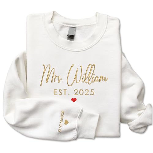 GODMERCH Custom Embroidered Mrs Sweatshirt - Personalized Future Mrs Hoodie, Bride Sweatshirts, Honeymoon Crewneck, Gift for Her Bride to Be Wedding Bachelorette Party Bridal Shower Engagement