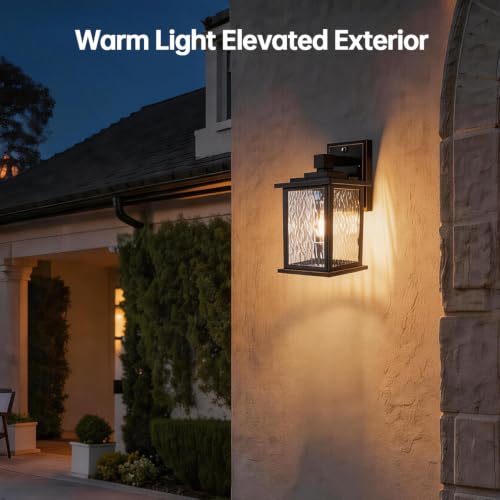 Image of Dusk to Dawn Outdoor Light Fixture, Oil-Rubbed Bronze Porch Light | 12'' Aluminum Outside Wall Lantern with Water Ripple Glass, Hardwired Exterior Sconce for Patio Garage, Bulb Not Included