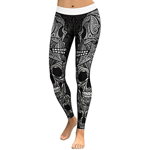 Women's Mermaid Skull Print Yoga Pants Workout Gym Running Leggings Tights Halloween Pants(XL, Black Skull 007) Cover