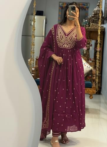 Image of ANNI Designer Women's Rayon Viscose Printed Embroidered Anarkali Kurta with Pant & Dupatta | Ethnic Kurti Set with Embroidery | Soft Comfortable Fabric | Stylish Outfit for Festive, Office