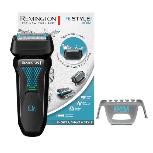 Remington Rasierer Herren Elektrisch F6 Aqua (Nass- & Trocken- Rasierapparat, 100% Wasserdicht, ausklappbarer Detail- & Langhaarschneider, 60 Min Lithium Akku, USB Ladefunktion) Folienrasierer F6000