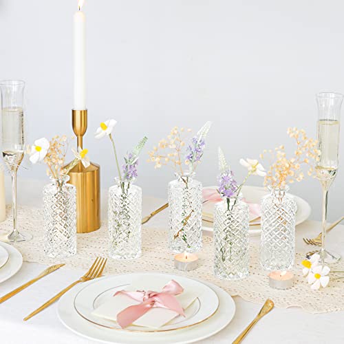 ComSaf Vase Klein Set 6-Teilig, Blumenvase, Vasen Deko Set, Kleine Glasvasen für Tischdeko, Mini Vasen Glas, Hochzeitsdeko, Diamant Knospenvasen, Teelichtgläser, 13cm Hoch, Transparent – Bild 6
