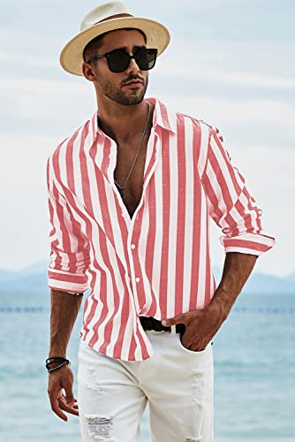 JMIERR Men's Old Money Aesthetic Cotton Linen Shirts Casual Stylish Long Sleeve Button-Up Vertical Striped Dress Shirts Summer Beach Shirt for Men,US 46(XL),Red and White Stripe - Image 5