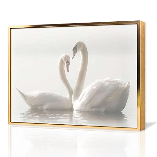 Canvas Wall Art A Pair Romantic White Swans Framed Wall Art Prints Painting Animal Pictures For Living Room Bedroom Home Office Kitchen Wall Decor Artwork Abstract Paintings With Aluminum Gold Frame For Home Modern Decoration 12X18Inch #TOP27