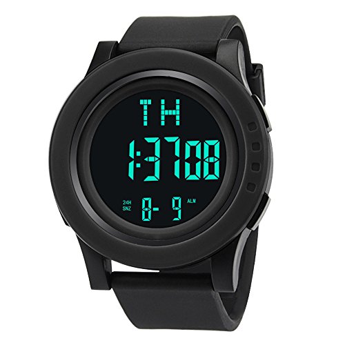 STRIR Montre digital imperméable, Montre LED numérique Sport Date d'alarme montre imperméable avec bande élastique, Noir