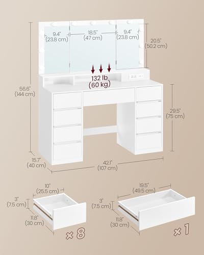 Image of VASAGLE Kailyn Collection - Vanity Desk with Tri-Fold Mirror, Makeup Table with 11 Bulbs, Power Outlets, 9 Drawers, 3 Colors, Tool-Free Drawer Slides Assembly, Cloud White URDT146WB03S