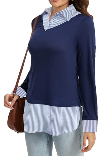 Image of Oyamiki Women's Casual Collared Curved Hem 2 in 1 Pullover Tops Plaid Contrast Shirt Blouse