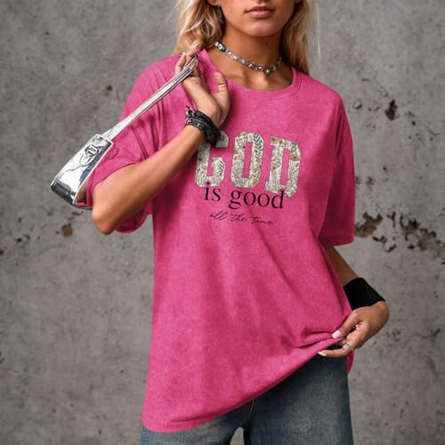 Image of Christian God is Good Shirts for Women Jesus Faith Religious T Shirts Floral Graphic Oversized Acid Washed Tee Tops