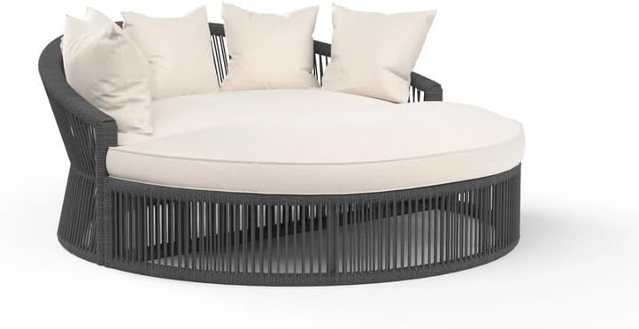 OUTLIVING Braid and Rope Design Round Cushioned Daybed | Multi-Purpose Outdoor Lounge Chair for Garden, Balcony, Sunbed, Backyard, Terrace and Poolside | Comfortable Patio Furniture (Dark Grey-Cream)
