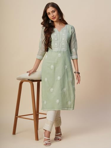 Image of RATAN Muga Cotton Straight Lucknowi Chikankari Ethnic Wear Kurta for Women