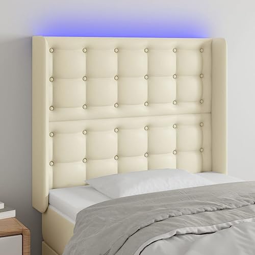 Qnhdfrt Cabecero LED color crema 103 x 118/128 cm piel sintética con altura regulable cabecero y tira LED colorida, diseño moderno para dormitorio y habitación de invitados