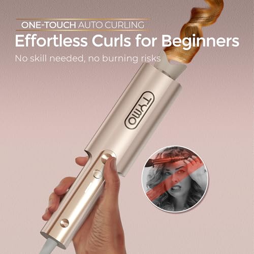 Image of TYMO CurlPro Plus Automatic Rotating Curling Iron - Upgraded Long Barrel Curling Wand for Long Hair, Ceramic Hair Curler for Women, Anti-Scald, Tangle-Free, 600M Ionic, Dual Voltage, Gold, 1 1 /4 Inch