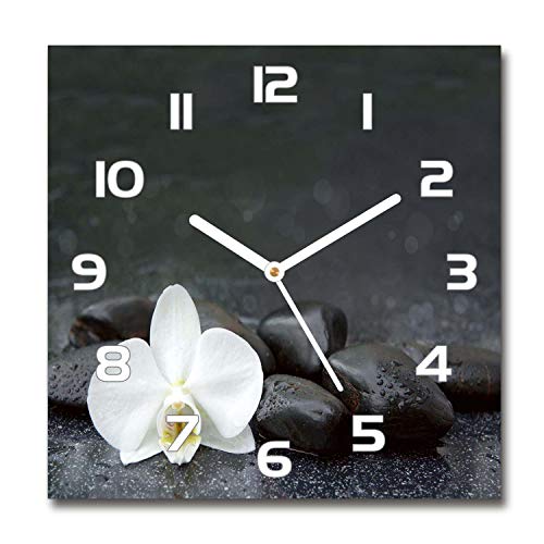 Tulup Horloge en Verre 30x30cm Silencieuse sur Pied Salon Design La Mur Impression Verre Sécurité - Aiguilles d'horloge Blanches - Orchidée