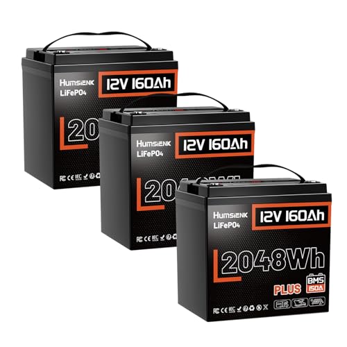 Image of HumsiENK 3 Pack 12V 160Ah Plus LiFePO4 Lithium Battery, 2048Wh, 150A BMS