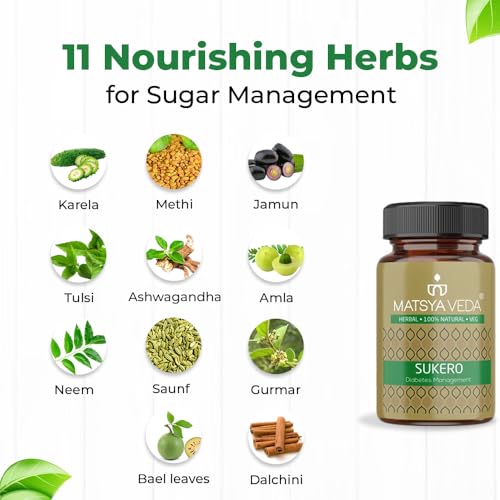 Image of Matsyaveda Sukero Ayurvedic Sugar Care Supplement | With Jamun, Karela, Gudmar, Methi & Bael | Supports Healthy Blood Sugar Levels | Herbal Capsules for Men & Women |Pack of 3 X 60 Capsules