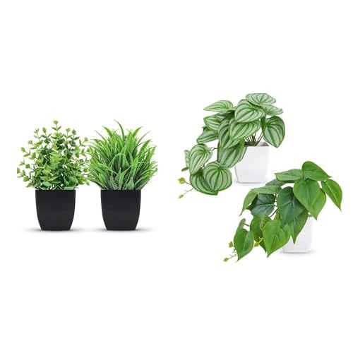 Der Rose Bundle of 2 Packs Fake Plants and 2 Packs Small Fake Plants for Home Bedroom Aesthetic Living Room Bathroom Farmhouse Decor Indoor