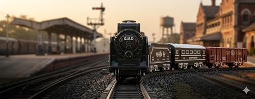 Image of VU Toys Big Rail Gadi Train Set for Kids (3+ Years) | Rechargeable Engine with Coal & Passenger Coach | Water Smoke, Hindi Music, Lights & Sound | C-Type Charging | 10 Round Tracks (Black)