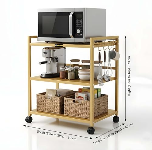 Image of Heavy Duty 3 Tier Metal Storage Rack with Wheels | Microwave Oven OTG Air Fryer & Printer Stand | Multipurpose Kitchen Utility Trolley (Golden)