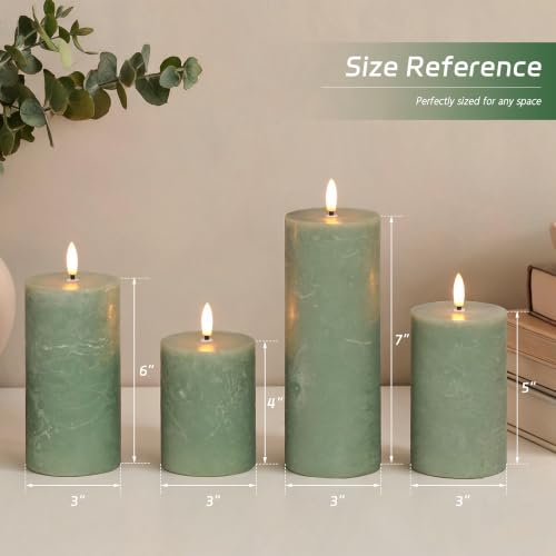 Image of Olive Green Flameless Pillar Candles, Real Wax LED Candles with Remote & Timer, Battery Operated Decorative Candles for Aesthetic Home Decor, Set of 4