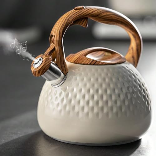 Image of Tea Kettle, 2.7 Quart with Wood Pattern Handle Loud Whistle Food Grade Stainless Steel Teapot, Anti-Hot Handle and Anti-Rust, Suitable for All Heat Sources