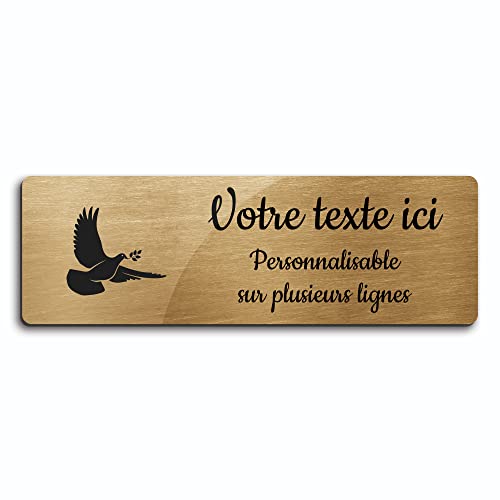 Placa grabada funeraria con diseño de una paloma con rama modelo 1 autoadhesivo modelo rectangular (20x6,5 cm) personalizado 1 a 3 líneas oro cepillado