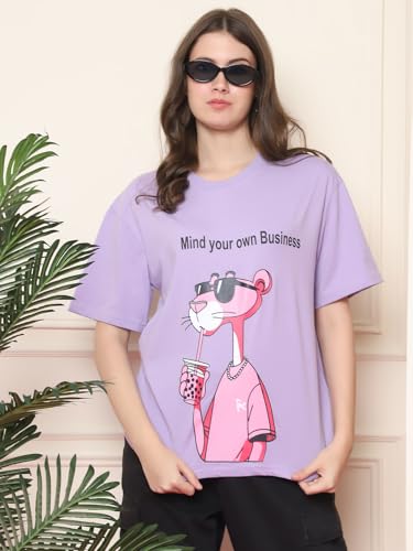 Image of Preneum Women's Cotton Cool Graphic Printed Baggy Fit Drop-Shoulder Sleeves Cotton Oversized T-Shirt
