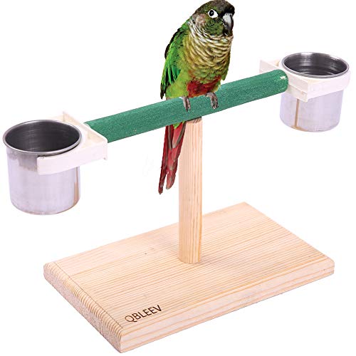Image of QBLEEV Bird Play T-Stands Tabletop Perch, Wooden Parrot Playstand with Cups | Portable training playground, sturdy cage stand toys for small cockatiels, conures, parakeets, finch, easy assembly