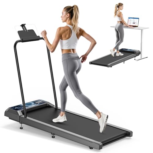 RJOP Walking Pad Treadmill with 8% Incline and Handle Bar, Low Noise Treadmills for Home Small, 2.5HP Compact Under Desk Treadmill with Zwift & Kinomap App, Remote Control and LED Display, Blue