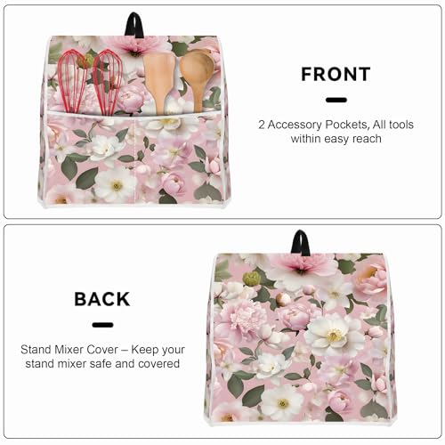 Image of Kitchen Dust Cover Compatible with 4.5 5 6 8 quart Stand Mixer, Kitchen Appliance Protective Covers with Top Handle and Pocket (Pink Flowers, For All 6-8 qt Mixer)