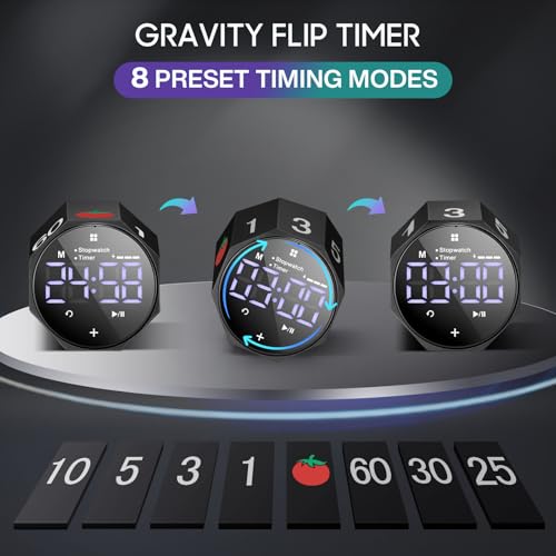 ADHD Pomodoro Timer Metal Gravity Rotation 1.8” LED Large Screen, Black - Image 5