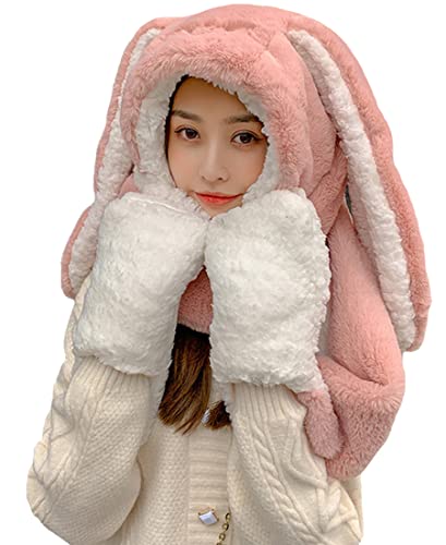 Women Girls Cute Panda Animal Winter Hats 3 in 1 Warm Plush Hoodie Cap Paw Gloves Mitten Scarf Set