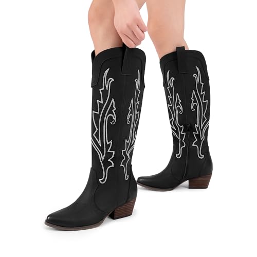 DREAM PAIRS Womens Cowboy Knee High Boots Comfortable Pull On Side Zipper Chunky Heel Embroidered Western Cowgirl Boots Retro Tall Boot,Size 12,Black,DWUMKB2501