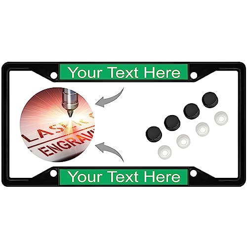 Image of Personalized with Custom Text Design - 4 Hole Black Metal Laser Engraved US Standard Size - Car License Plate Frame with Free caps - Green /White Text (Qty: 1 Frame)