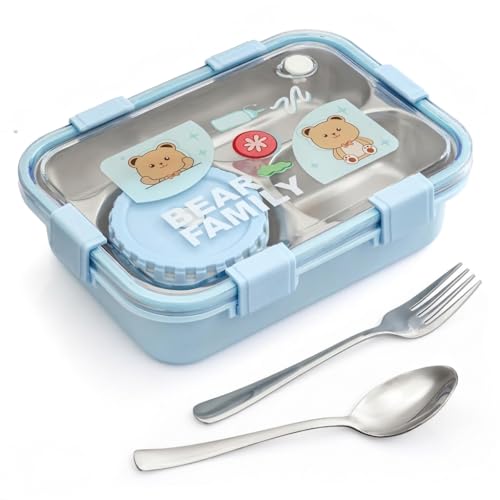 Image of KAVANA Lunch Box 3 Compartment Leak-Proof BPA Free Stainless Steel, Lunch Box for Kids, Lunch Box for School & Office with a Fork, a Spoon (Blue), 750 ml (Blue)